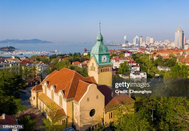 high angle view of qingdao jesus church - qingdao german stock pictures, royalty-free photos & images