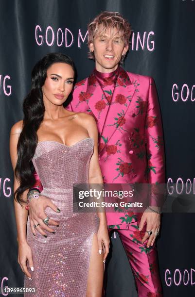 Megan Fox and Machine Gun Kelly arrives at the World Premiere Of "Good Mourning" at The London West Hollywood at Beverly Hills on May 12, 2022 in...