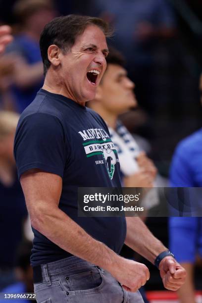 Team owner Mark Cuban of the Dallas Mavericks celebrates as the Dallas Mavericks take on the Phoenix Suns in the second quarter in Game Six of the...