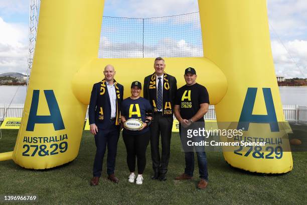 Former Wallabies captain Stirling Mortlock, Louise Burrows of the Wallaroos, RUPA CEO and Classic Wallaby Justin Harrison and former Wallabies...