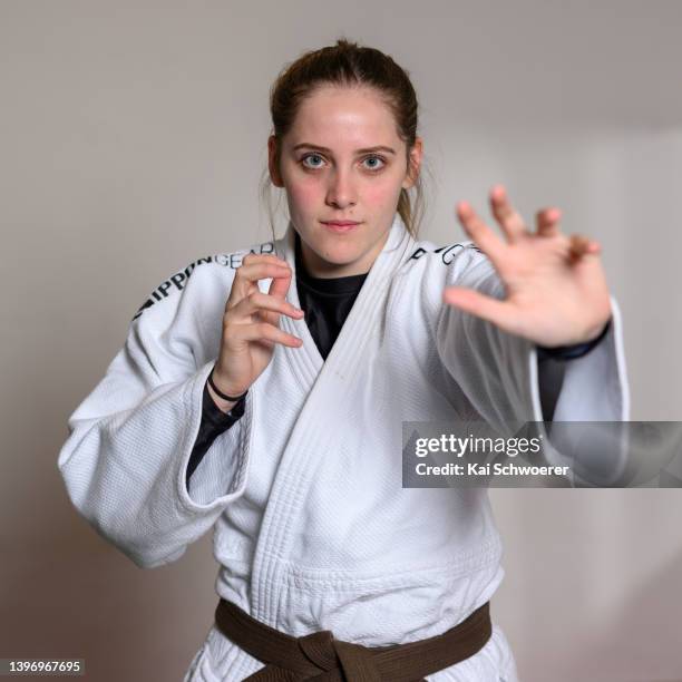 Hayley Mackey poses during a New Zealand Olympic Committee Judo selection announcement at Premiere Equipe Judo on May 13, 2022 in Christchurch, New...