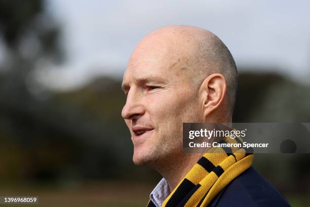 Former Wallabies captain Stirling Mortlock is interviewed during a Rugby Australia media opportunity announcing Australia winning their Rugby World...