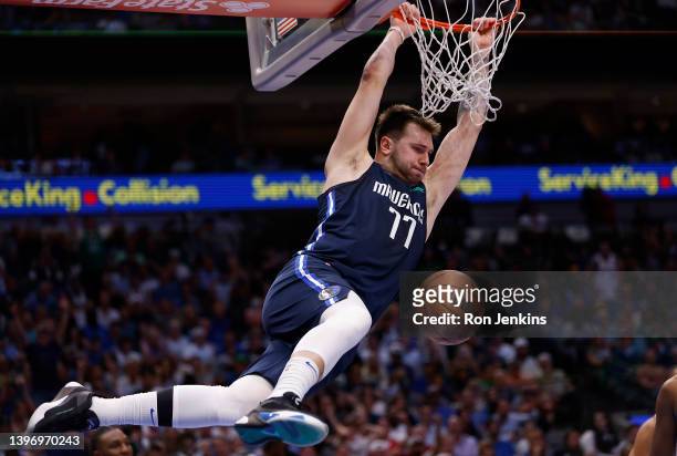Luka Doncic of the Dallas Mavericks dunks the ball against the Phoenix Suns in the third quarter of Game Six of the 2022 NBA Playoffs Western...