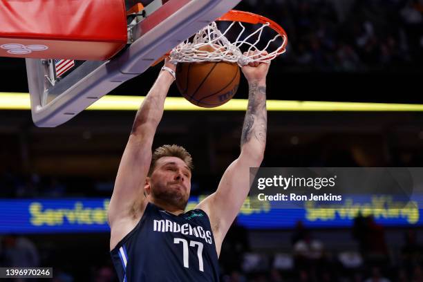 Luka Doncic of the Dallas Mavericks dunks the ball against the Phoenix Suns in the third quarter of Game Six of the 2022 NBA Playoffs Western...