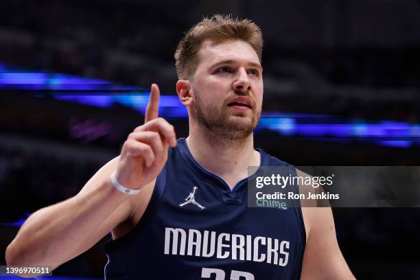 Luka Doncic of the Dallas Mavericks reacts after scoring against the Phoenix Suns in the third quarter of Game Six of the 2022 NBA Playoffs Western...