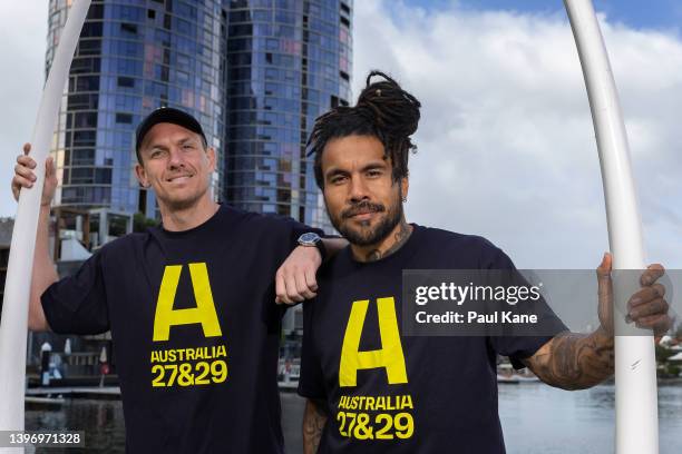 Classic Wallabies Dane Haylett-Petty and Digby Ioane pose during a Rugby Australia media opportunity in support of the Rugby World Cup 2027 & 2029...