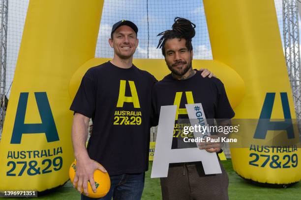 Classic Wallabies Dane Haylett-Petty and Digby Ioane pose during a Rugby Australia media opportunity in support of the Rugby World Cup 2027 & 2029...