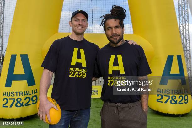 Classic Wallabies Dane Haylett-Petty and Digby Ioane pose during a Rugby Australia media opportunity in support of the Rugby World Cup 2027 & 2029...