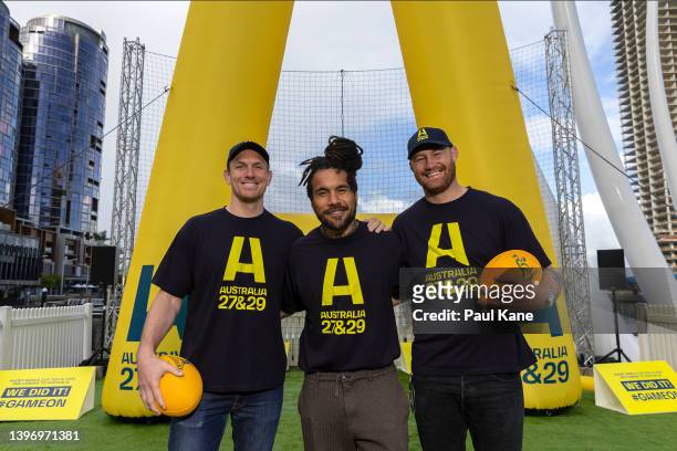Classic Wallabies Dane Haylett-Petty, Digby Ioane and Scott Higginbotham pose during a Rugby Australia media opportunity in support of the Rugby...
