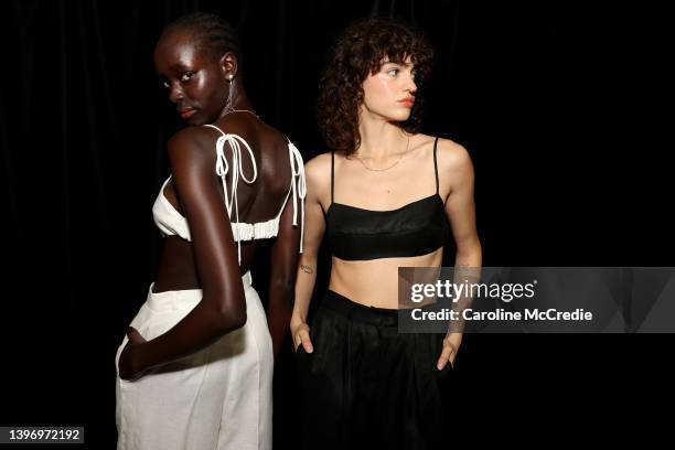 Models pose backstage ahead of the Gyre show during Afterpay Australian Fashion Week 2022 Resort '23 Collections at Carriageworks on May 13, 2022 in...