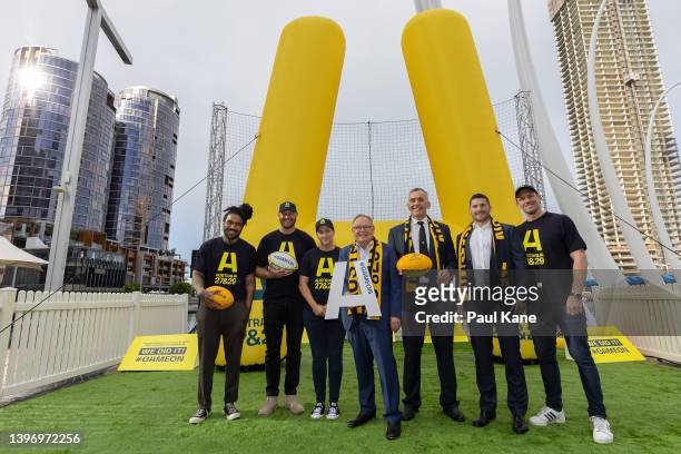 Digby Ioane, Scott Higginbotham, Selena Tranter, John Welborn, Nathan Charles and Dane Haylett-Petty pose with Hon David Templeman during a Rugby...