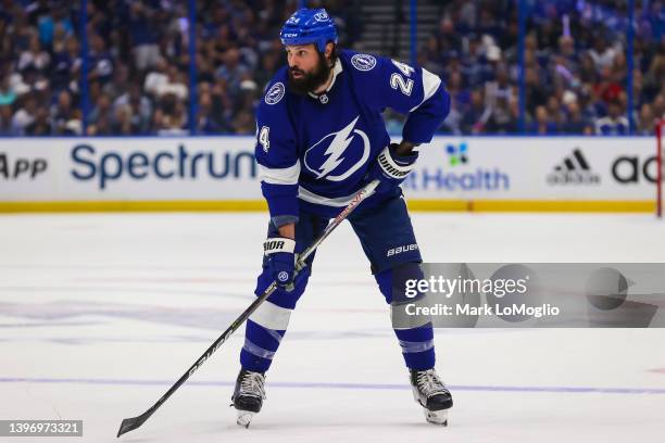 Zach Bogosian of the Tampa Bay Lightning skates against the Toronto Maple Leafs in Game Six of the First Round of the 2022 Stanley Cup Playoffs at...