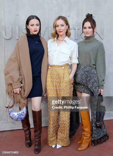 Iris Apatow, Leslie Mann, and Maude Apatow attend the Louis Vuitton's 2023 Cruise Show on May 12, 2022 in San Diego, California.