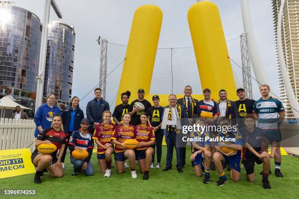 Digby Ioane, Scott Higginbotham, Selena Tranter, Hon David Templeman ,John Welborn, Nathan Charles and Dane Haylett-Petty pose with local club...