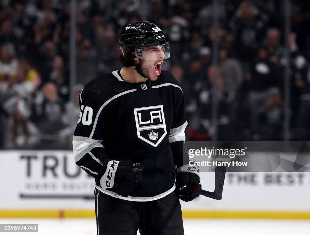 Sean Durzi of the Los Angeles Kings celebrates his power play goal, to trail 2-1 to the Edmonton Oilers, during the second period in Game Six of the...