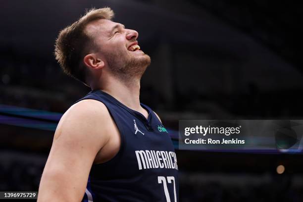 Luka Doncic of the Dallas Mavericks reacts against the Phoenix Suns in the fourth quarter of Game Six of the 2022 NBA Playoffs Western Conference...