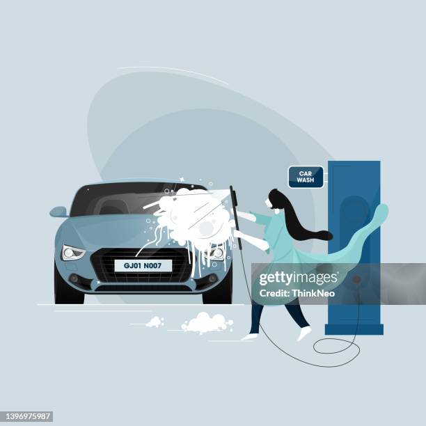 car washing and cleaning, washing of the car with foam at the washing and service station - high pressure cleaning stock illustrations