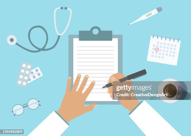 top view of medical clinic working table with stethoscope, thermometer and treatment pills. doctor reviewing patient chart. - doctor chart stock illustrations