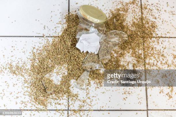 broken glass jar with spilled oregano on floor - spilt milk foto e immagini stock