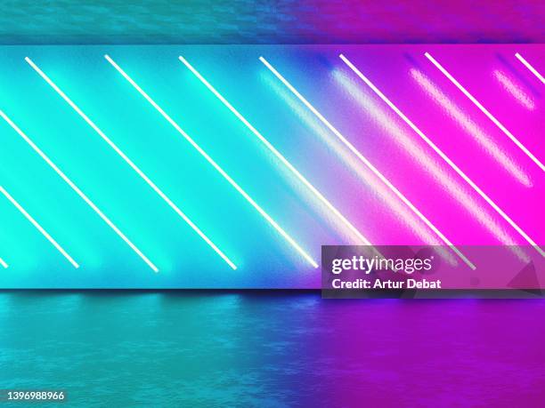 digital wall with blue and purple neon illumination. - exposition wall ストックフォトと画像