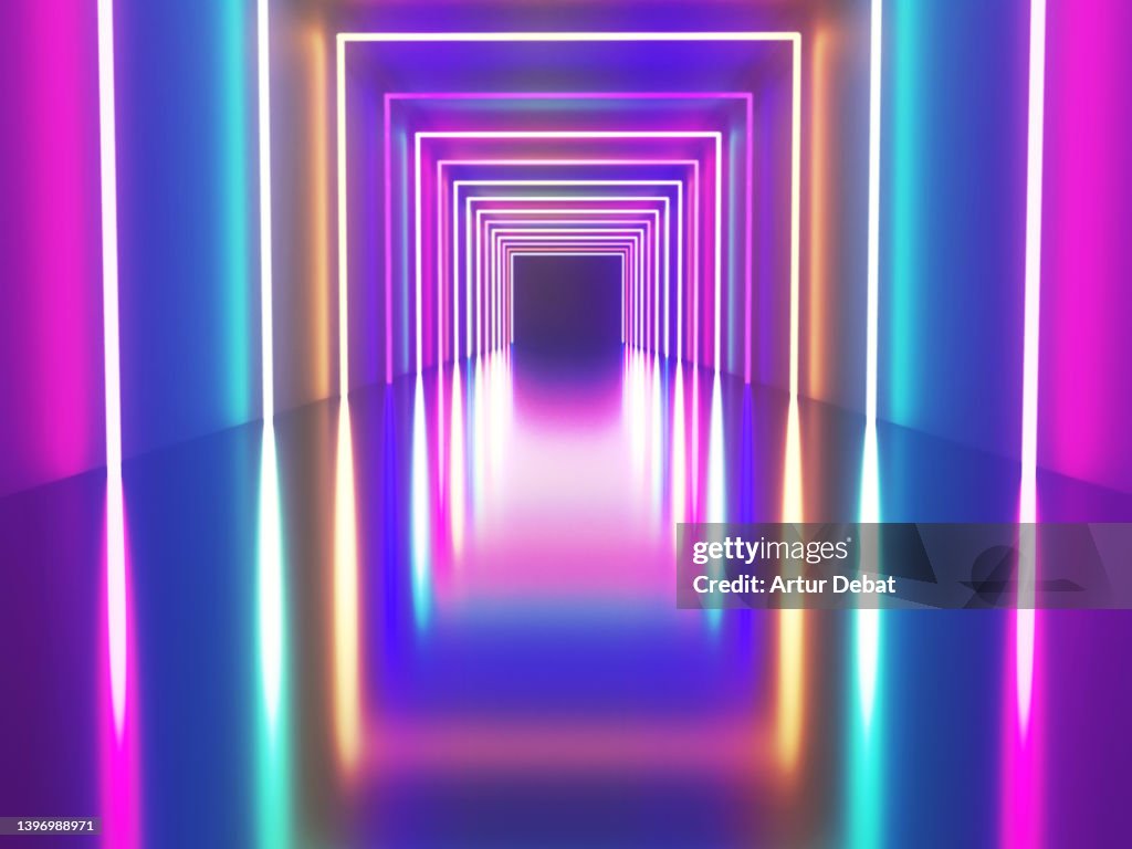 Futuristic digital corridor with colorful neon illumination.