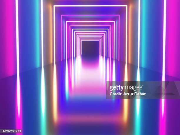 futuristic digital corridor with colorful neon illumination. - music halls foto e immagini stock