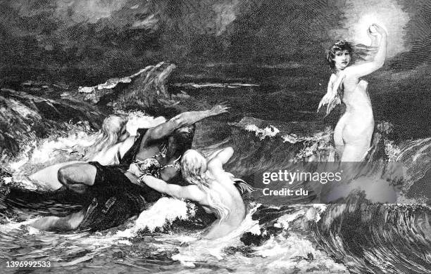 final scene from the opera der ring der nibelungen: the recovery of the ring by the rhinemaidens - woman water fight stock illustrations