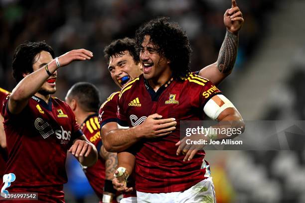 Marino Mikaele-Tu'u of the Highlanders celebrates a try during the round 13 Super Rugby Pacific match between the Highlanders and the Western Force...