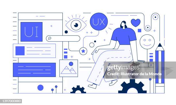 ilustraciones, imágenes clip art, dibujos animados e iconos de stock de ilustración de línea de diseño de interfaz de usuario - experiencia del usuario