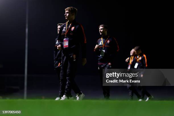 The roar inspect the field ahead of the Australia Cup Playoff match between the Western Sydney Wanderers and the Brisbane Roar at Wanderers Football...