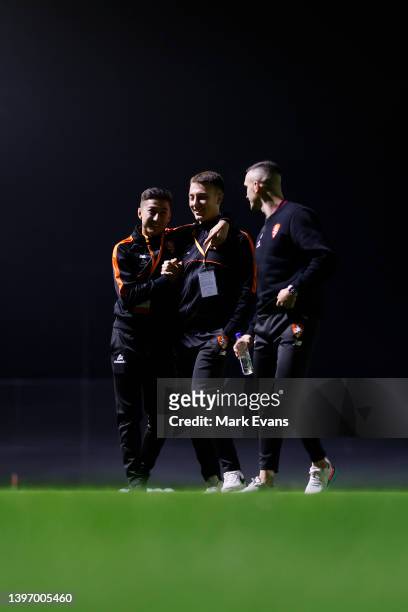 The roar inspect the field ahead of the Australia Cup Playoff match between the Western Sydney Wanderers and the Brisbane Roar at Wanderers Football...