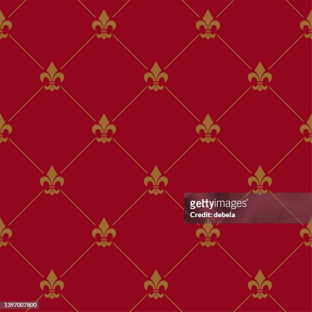 fleur de lis red and gold french damask luxury decorative fabric pattern - fleur de lis flower stock illustrations