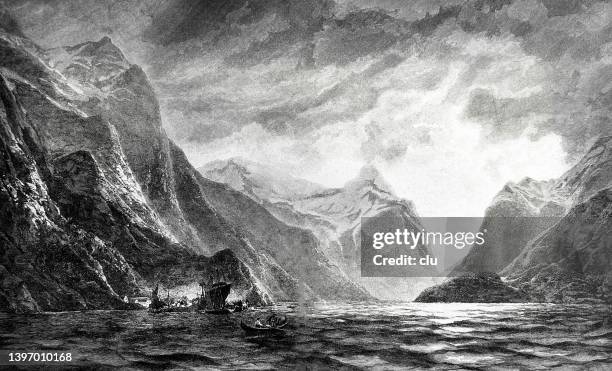 stockillustraties, clipart, cartoons en iconen met oldevand in the nordfjord - westelijke fjorden noorwegen