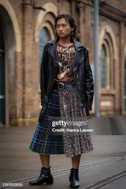 Yuzhen Wang wearing Jacket Acne studios, Top Vivienne Westwood, Skirt Chopova Lowena and Earring Wackie Ju at Afterpay Australian Fashion Week 2022...