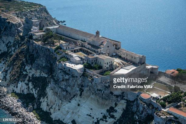 Aerial view, from a helicopter, of the shrine of Santa Maria a Mare on the island of San Nicola in the Tremiti archipelago off the coast of Gargano...