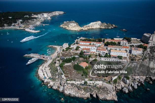 Aerial view, from a helicopter, detail of the island of San Nicola in the Tremiti archipelago off the coast of Gargano in the Adriatic Sea in the...