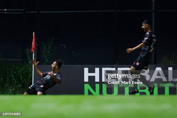 Jarrod Carluccio of the Wanderers celebrates a goal during the Australia Cup Playoff match between the Western Sydney Wanderers and the Brisbane Roar...