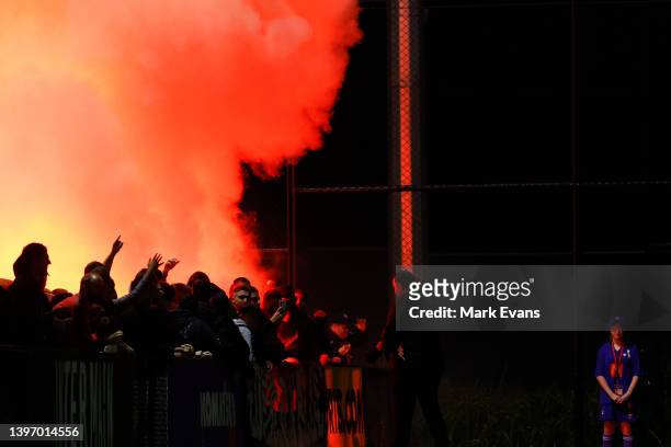 Wanderers fans celebrate a goal as flares go off during the Australia Cup Playoff match between the Western Sydney Wanderers and the Brisbane Roar at...