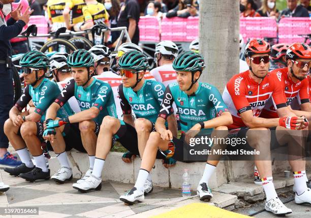 Ben Zwiehoff of Germany, Wilco Kelderman of Netherlands and Emanuel Buchmann of Germany and Team Bora - Hansgrohe during the team presentation prior...