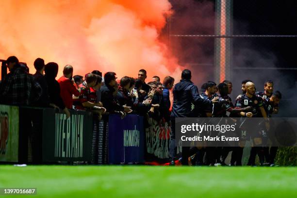 Wanderers celebrate a goal with fans during the Australia Cup Playoff match between the Western Sydney Wanderers and the Brisbane Roar at Wanderers...