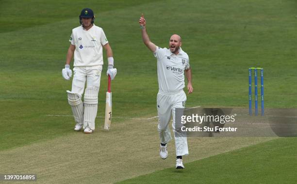 Durham bowler Chris Rushworth celebrates after taking the wicket of David Lloyd during day two of the LV= Insurance County Championship match between...