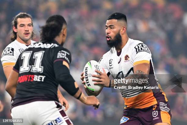 Payne Haas of the Broncos takes on the defence during the round 10 NRL match between the Manly Sea Eagles and the Brisbane Broncos at Suncorp...