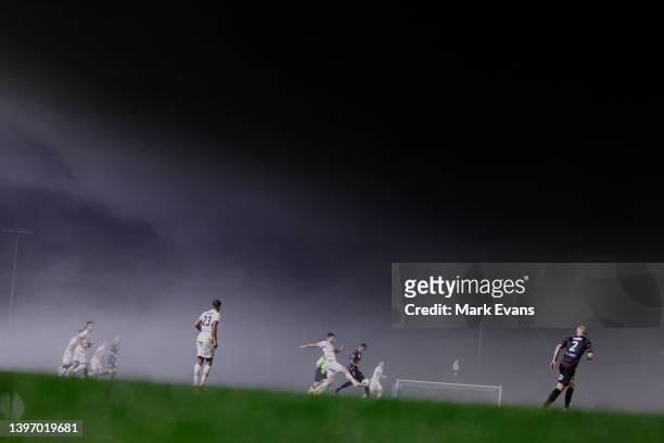 General view of play on a foggy night during the Australia Cup Playoff match between the Western Sydney Wanderers and the Brisbane Roar at Wanderers...