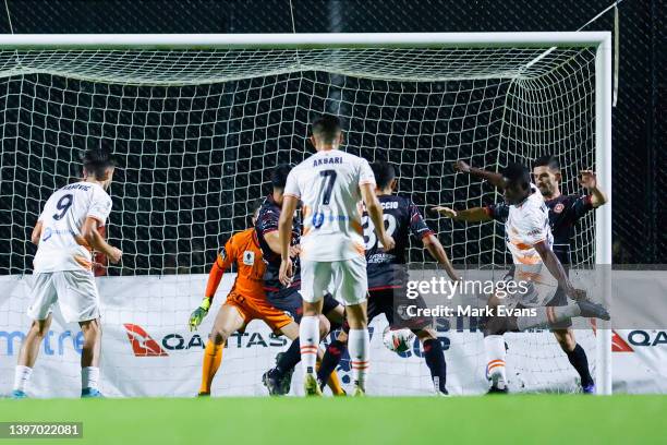 Cyrus Dehmie of the Roar kicks a goal during the Australia Cup Playoff match between the Western Sydney Wanderers and the Brisbane Roar at Wanderers...