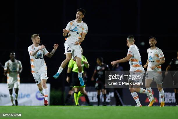 Luke Ivanovic of the Roar celebrates a goal during the Australia Cup Playoff match between the Western Sydney Wanderers and the Brisbane Roar at...