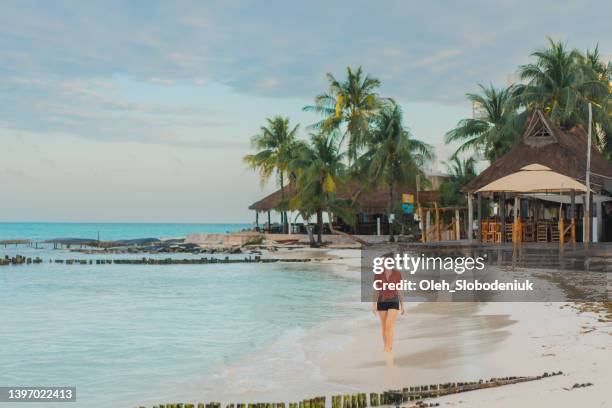 woman   walking on the  of seaside on  isla mujeres - island imagens e fotografias de stock