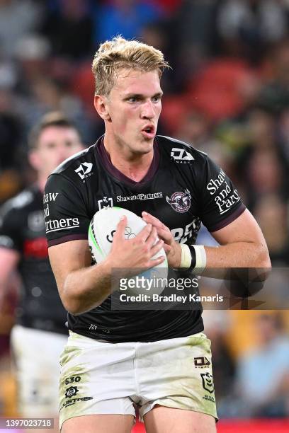 Ben Trbojevic of the Sea Eagles runs with the ball during the round 10 NRL match between the Manly Sea Eagles and the Brisbane Broncos at Suncorp...