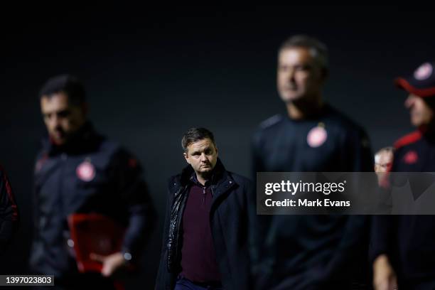 Warren Moon, coach of Roar looks on during the Australia Cup Playoff match between the Western Sydney Wanderers and the Brisbane Roar at Wanderers...