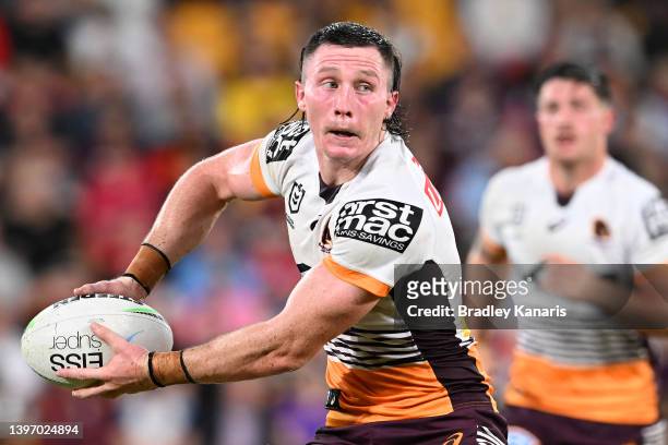 Tyson Gamble of the Broncos passes the ball during the round 10 NRL match between the Manly Sea Eagles and the Brisbane Broncos at Suncorp Stadium,...