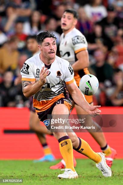 Cory Paix of the Broncos passes the ball during the round 10 NRL match between the Manly Sea Eagles and the Brisbane Broncos at Suncorp Stadium, on...